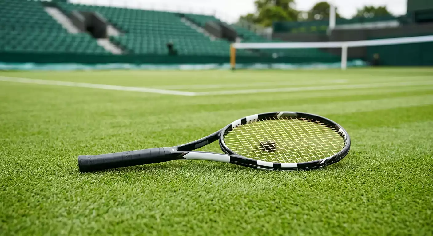 Raqueta de tenis profesional sobre césped verde de torneo