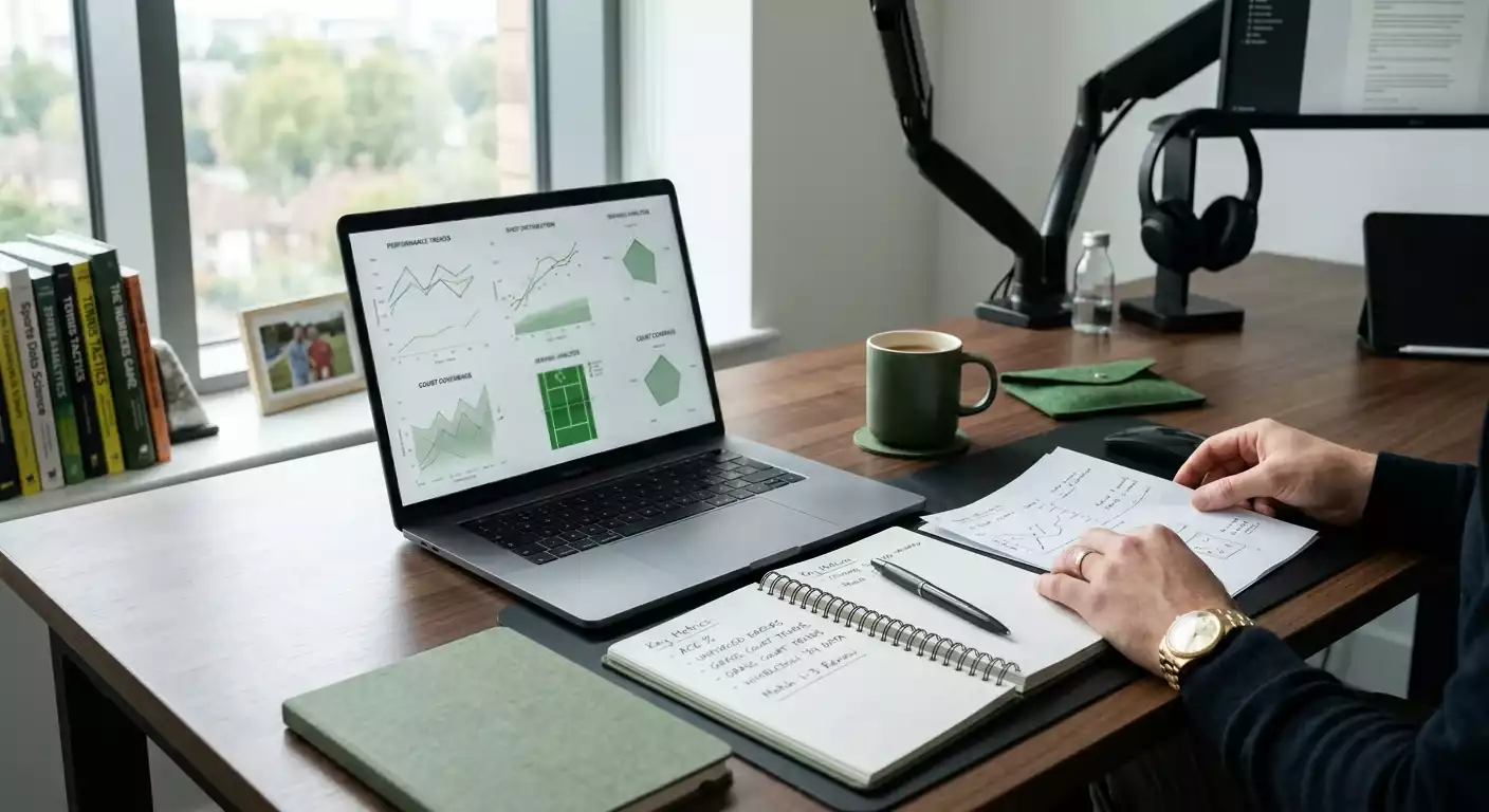 Analista revisando estadisticas de rendimiento en tenis sobre hierba