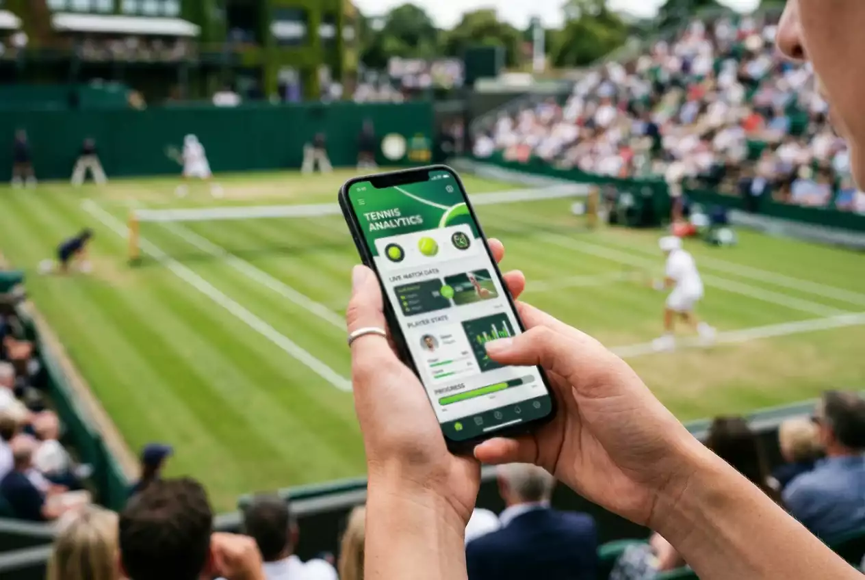 Manos sosteniendo smartphone durante partido de tenis en estadio