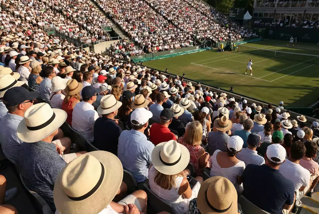 Gradas llenas de espectadores con sombreros y gafas de sol viendo tenis