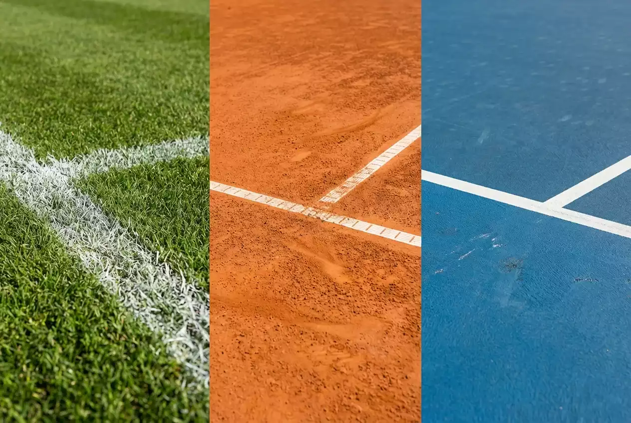 Tres secciones mostrando césped, tierra batida y pista dura de tenis