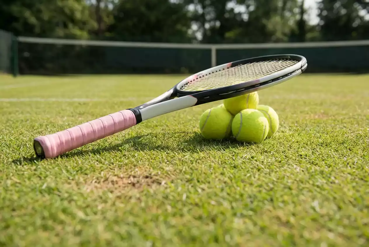 Raqueta de tenis femenina con cinta rosa junto a pelotas en césped