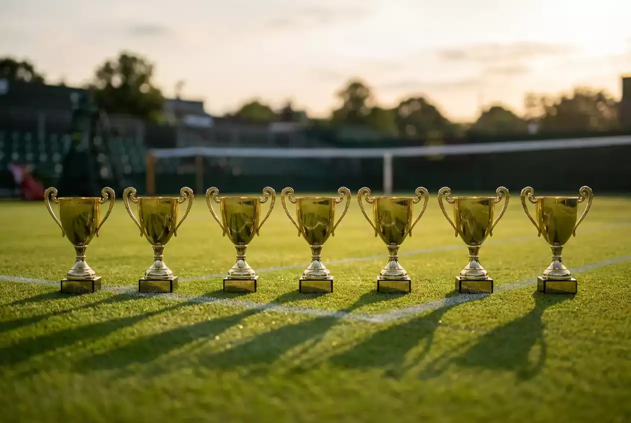 Siete trofeos dorados alineados sobre césped verde de tenis