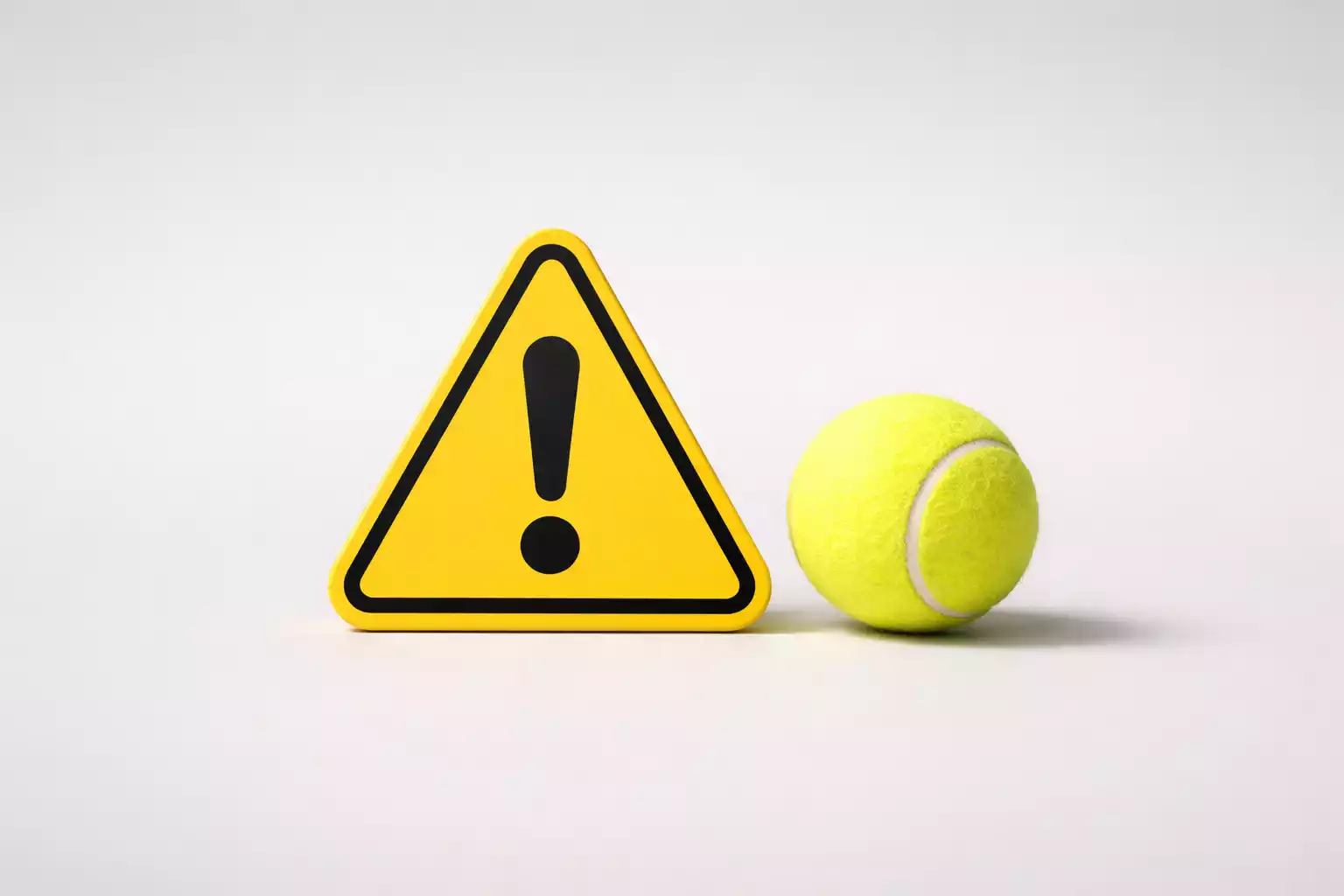 Señal de advertencia triangular junto a pelota de tenis