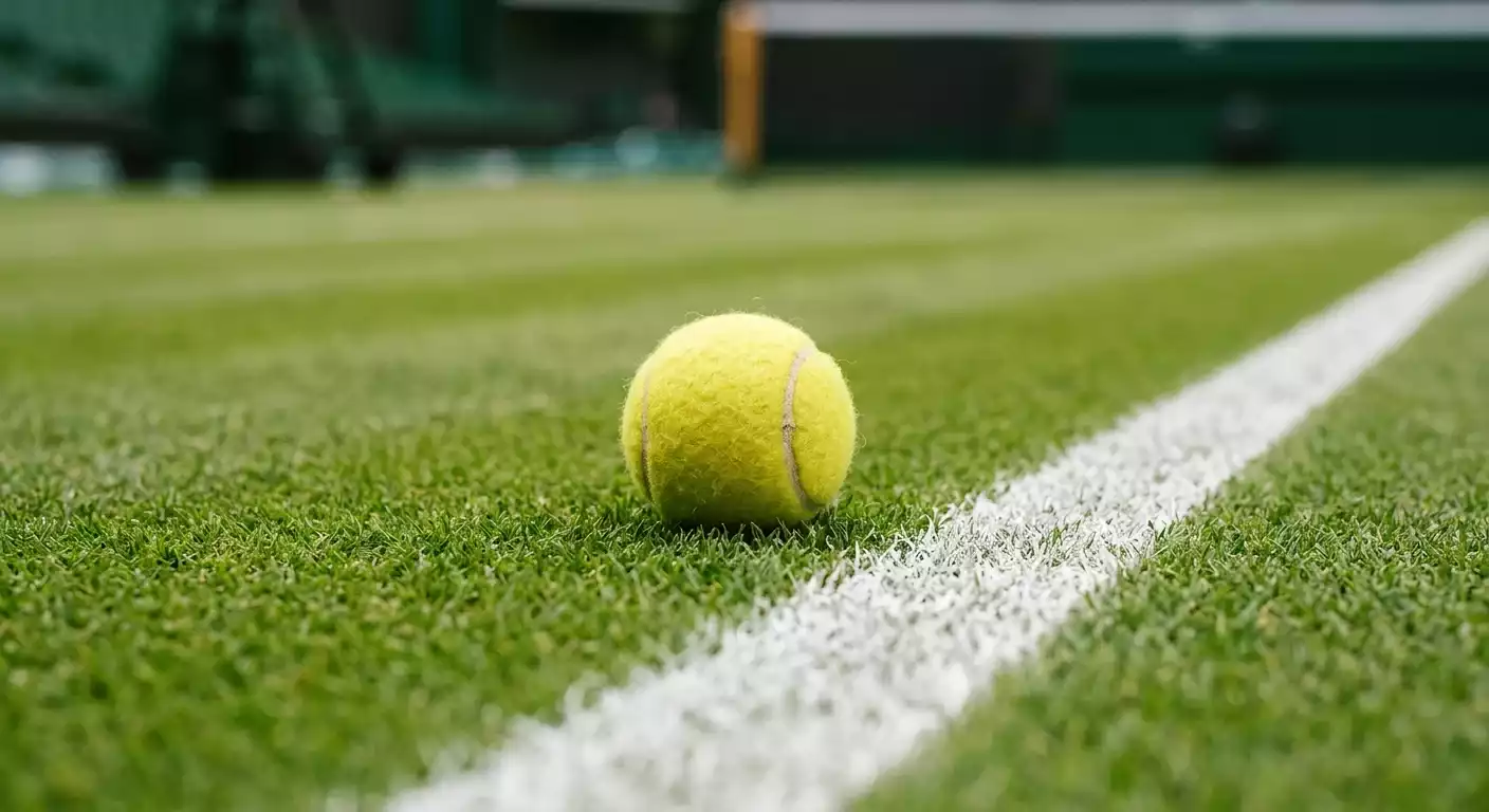 Pelota de tenis sobre césped verde de Wimbledon junto a líneas de servicio