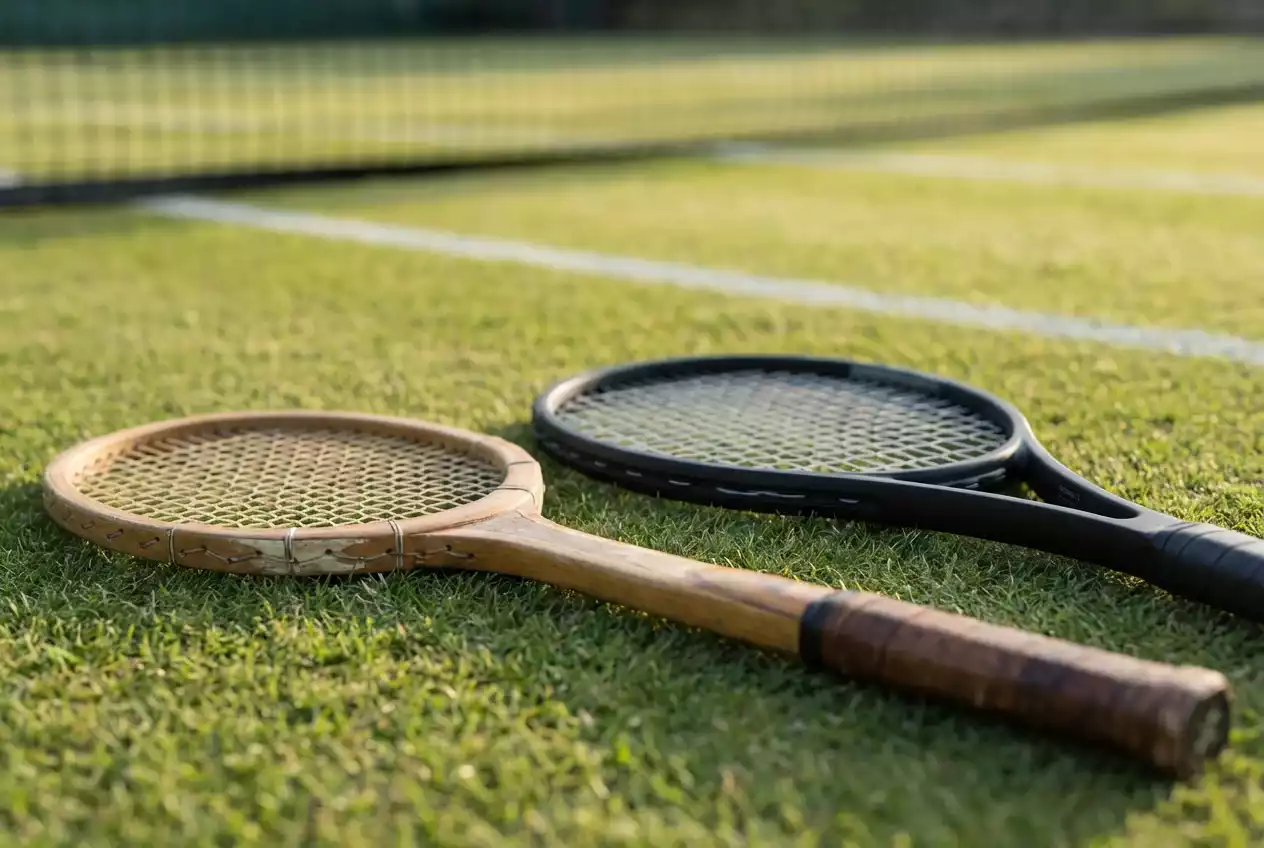 Raqueta de tenis antigua junto a raqueta moderna sobre césped