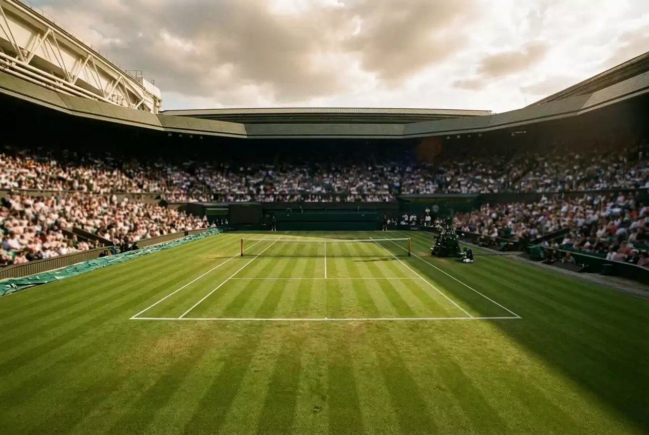 Centro de pista de tenis vacío antes de una final con público esperando