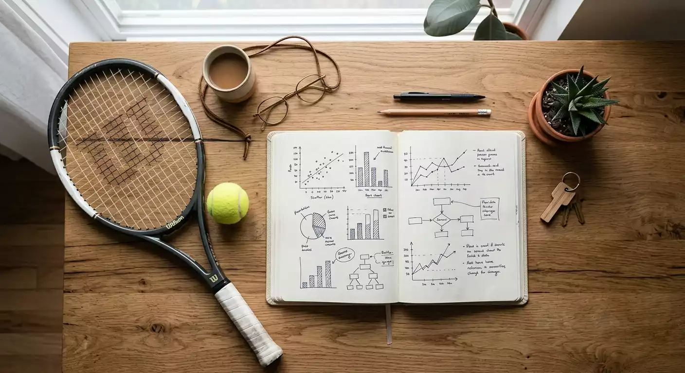 Libreta de notas con gráficos junto a raqueta de tenis sobre mesa