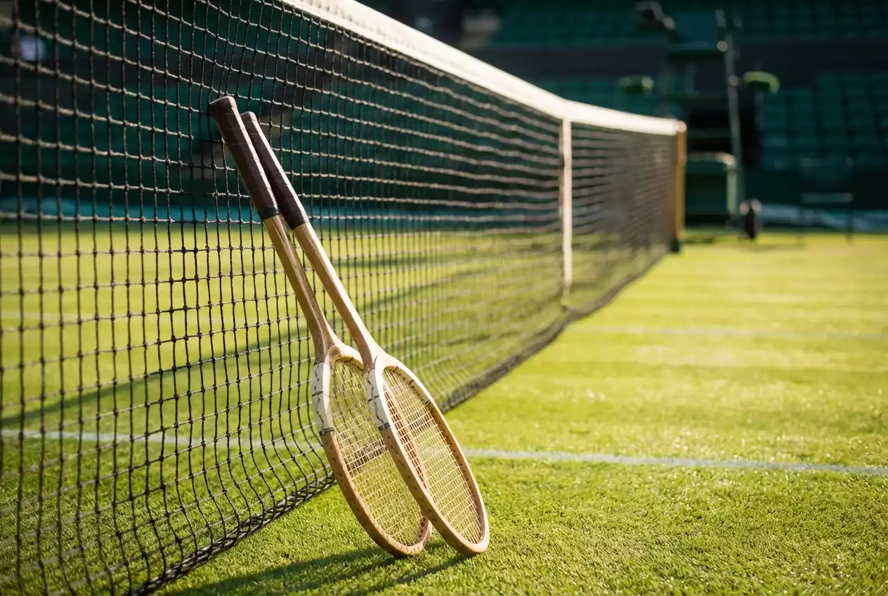 Dos raquetas de tenis cruzadas sobre red de césped