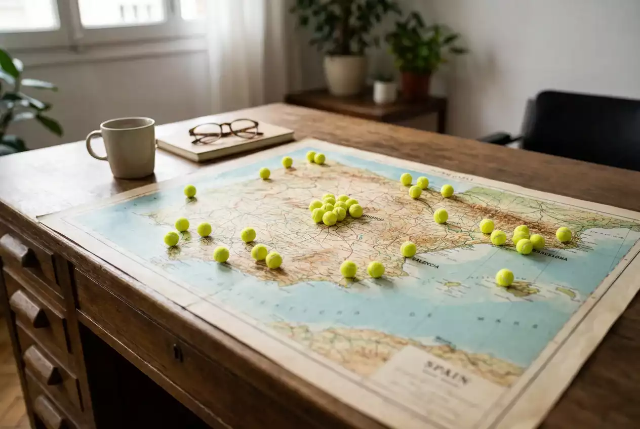 Mapa de España con iconos de tenis superpuestos