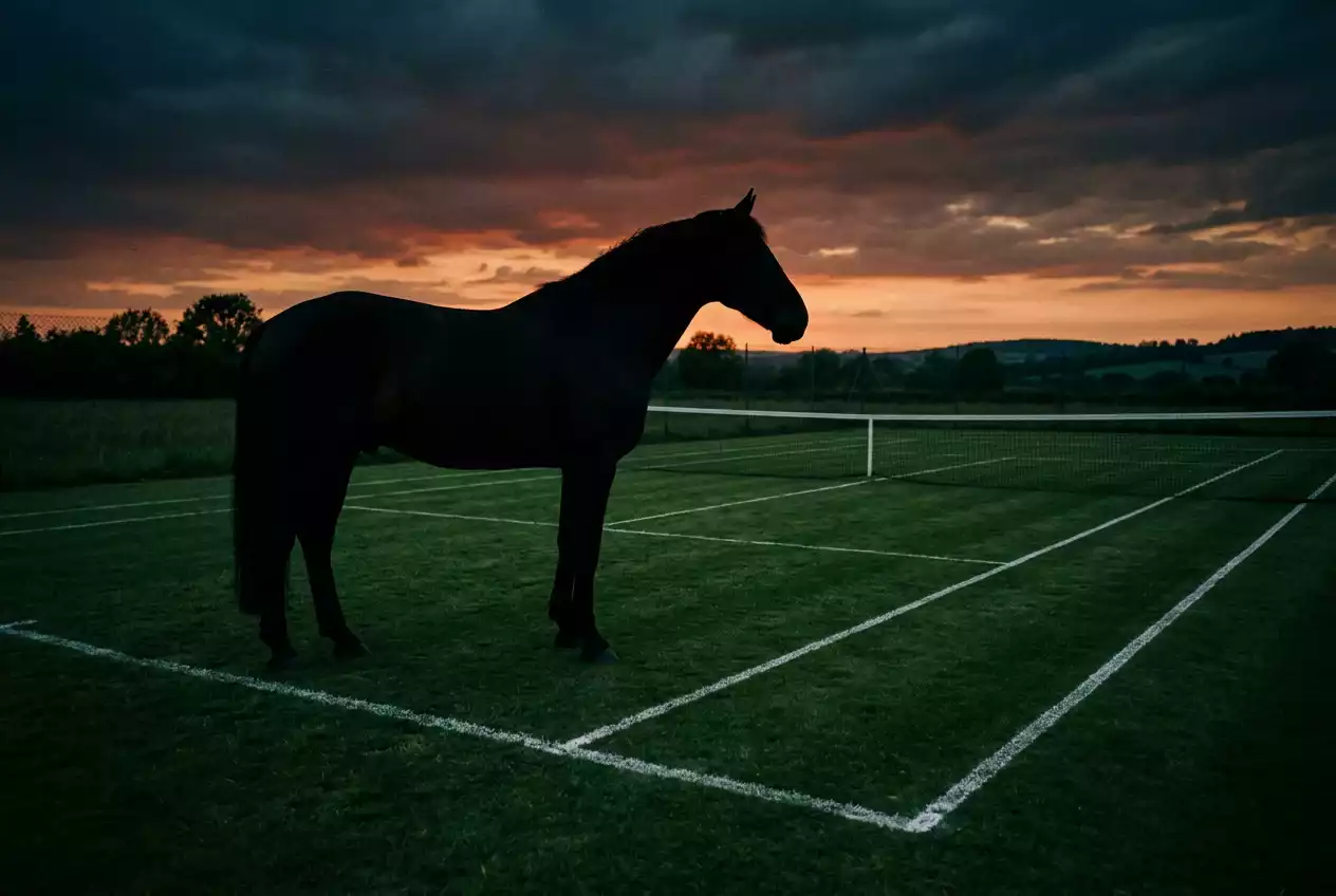 Caballo oscuro silueta sobre fondo de césped verde de tenis