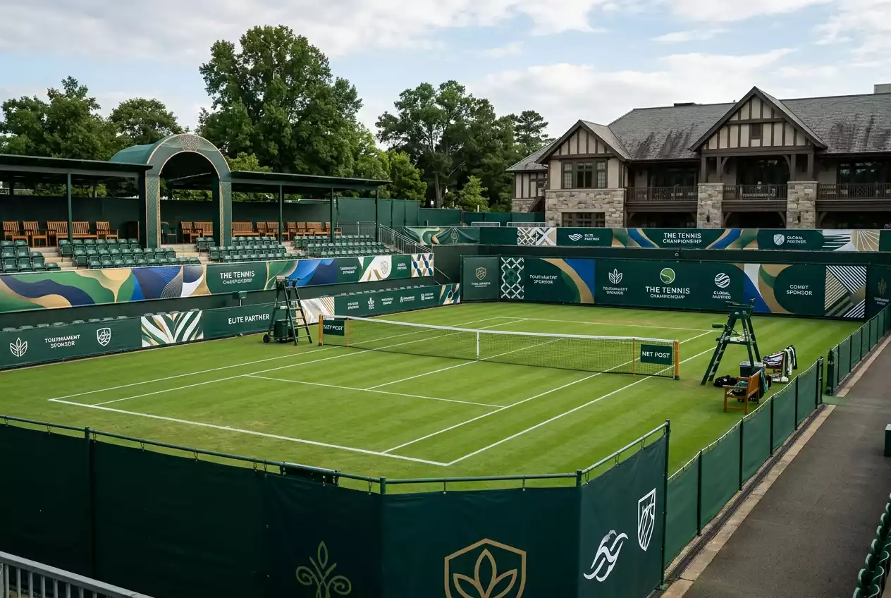 Banners y carteles decorativos alrededor de pista de tenis de élite