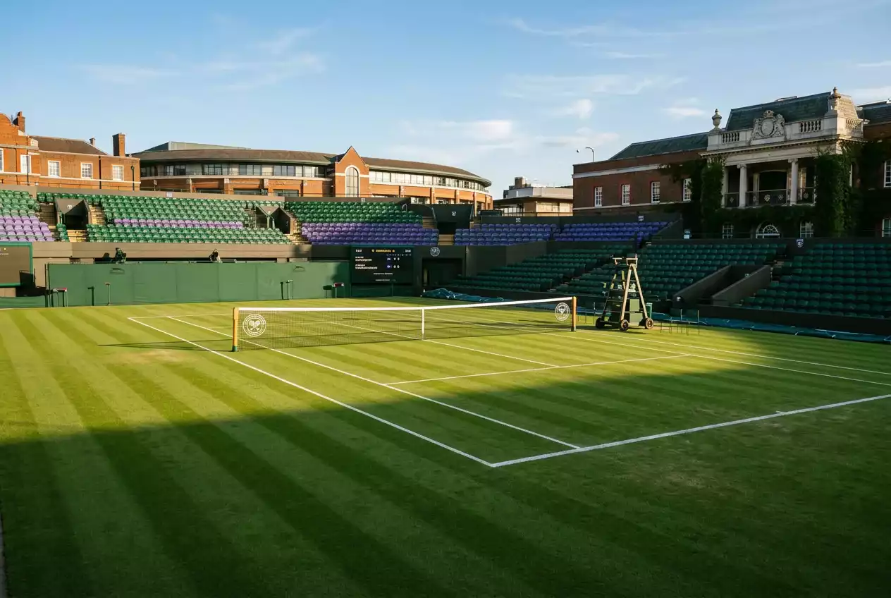 Pista central de Wimbledon con cesped verde preparada para el torneo de tenis