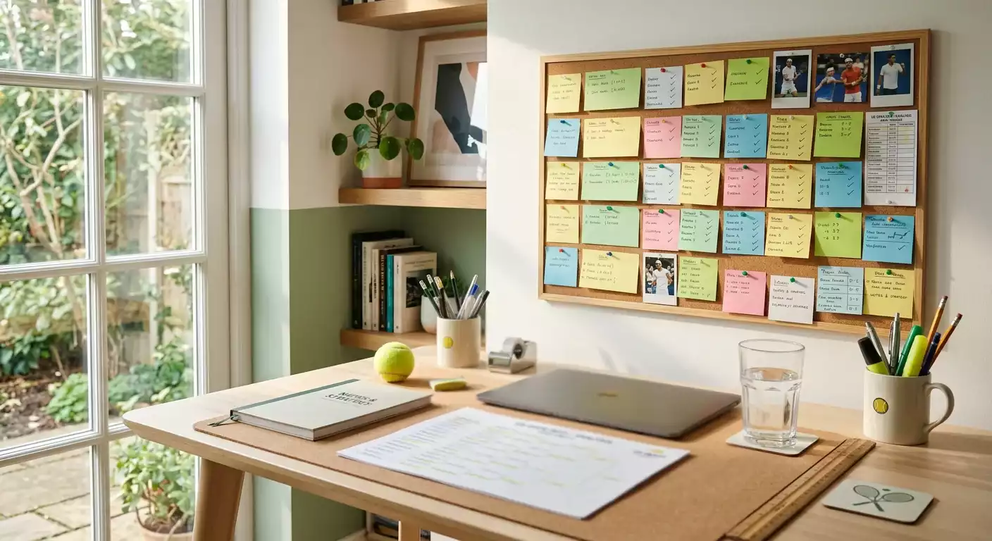Espacio de trabajo preparado con notas y planificacion para el torneo de Wimbledon
