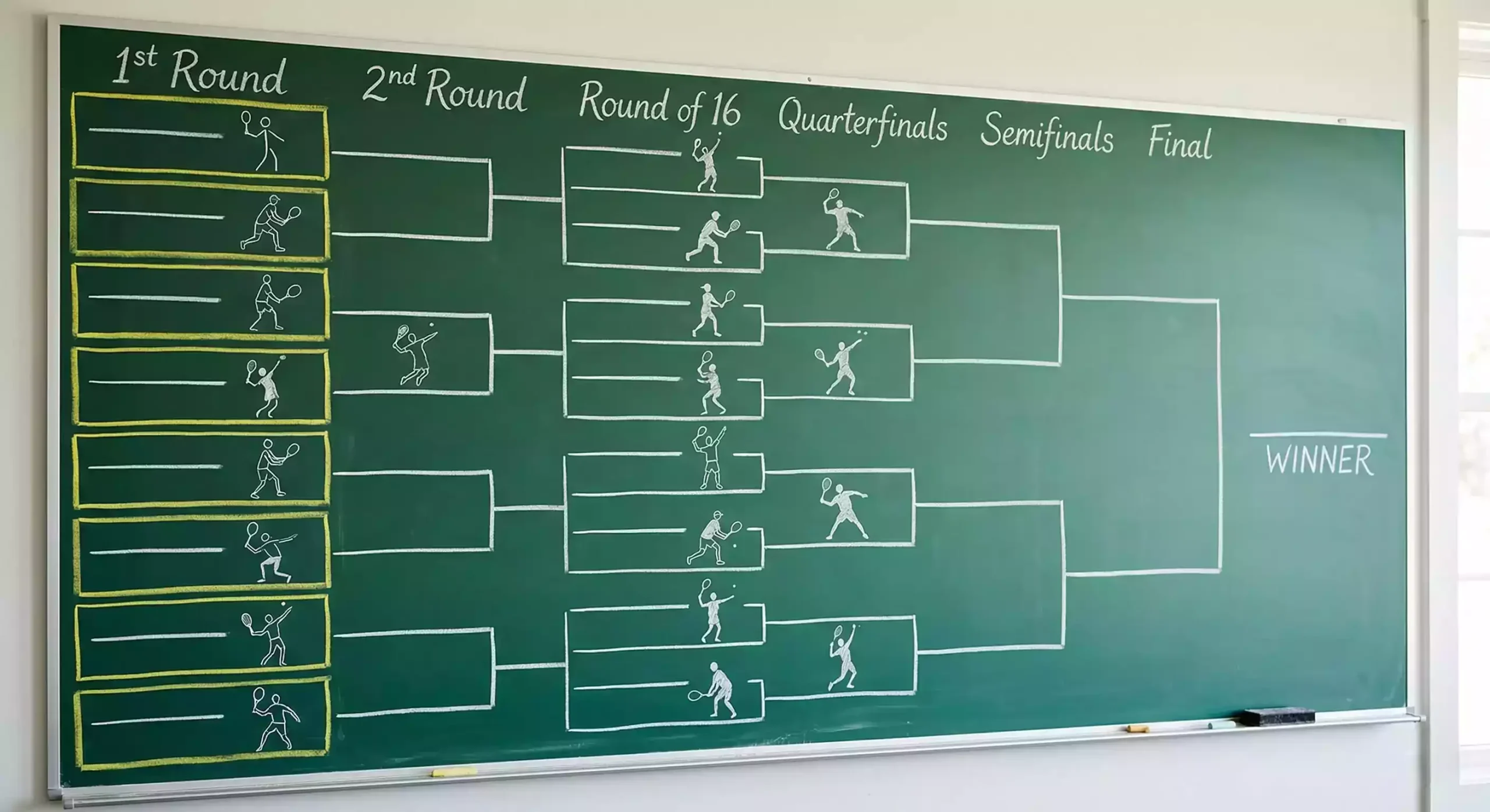 Cuadro de torneo de tenis con llaves de eliminación en pizarra