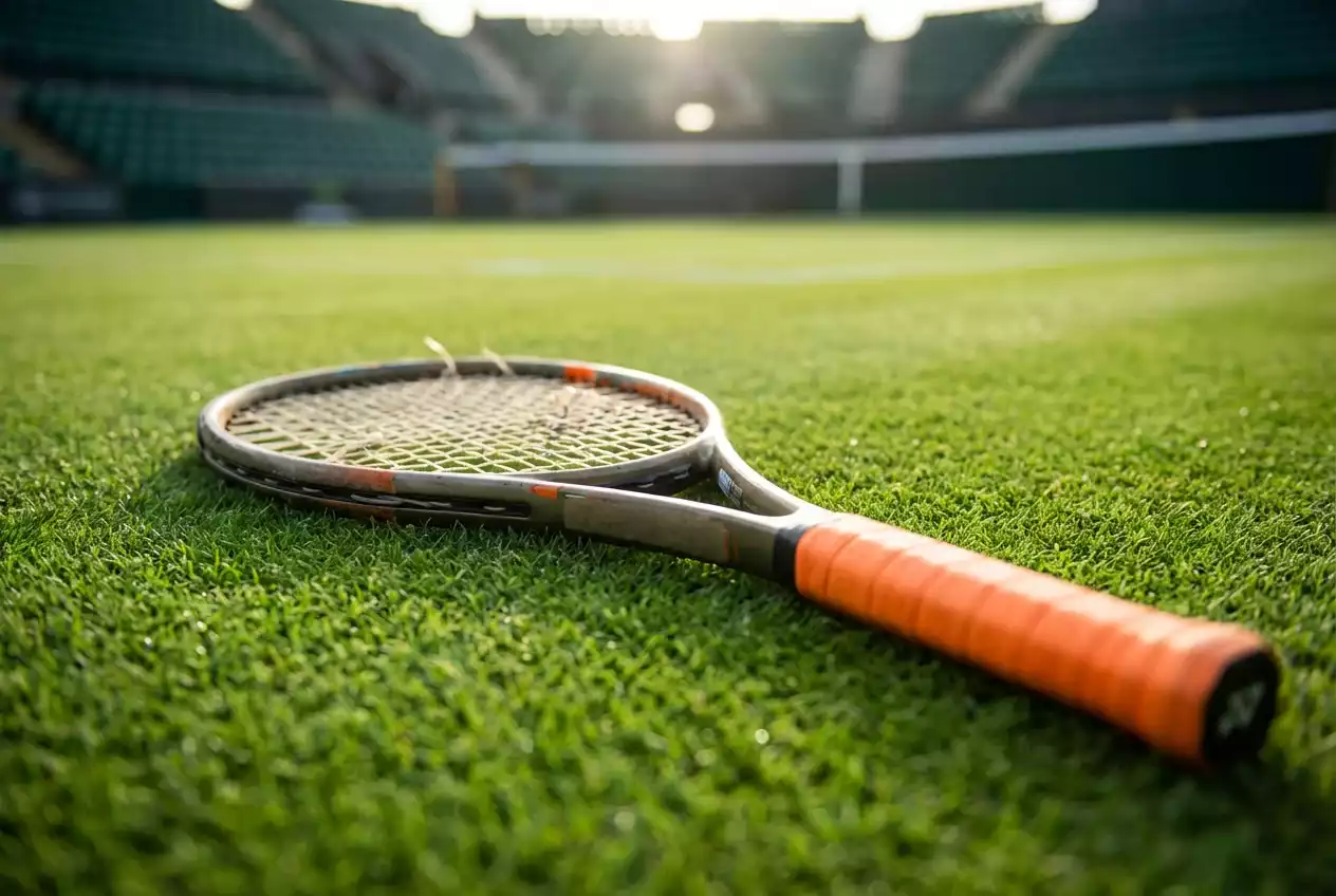 Raqueta de tenis con empuñadura naranja sobre césped de torneo