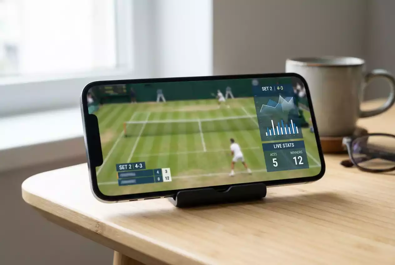 Smartphone mostrando partido de tenis en directo con datos